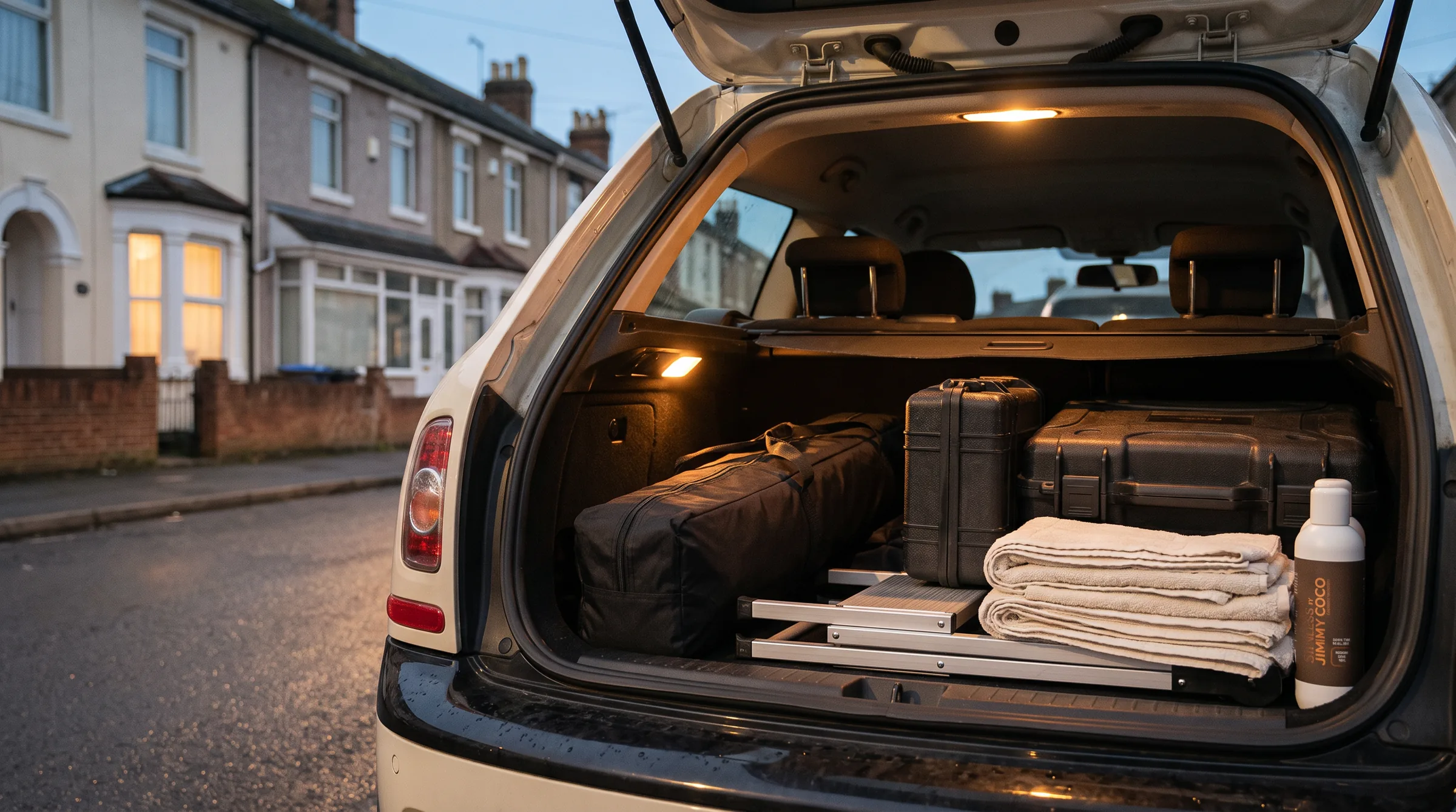 The open boot of a car at dusk packed with mobile spray tanning kit — tent bag, gun case, towels and a litre of solution.