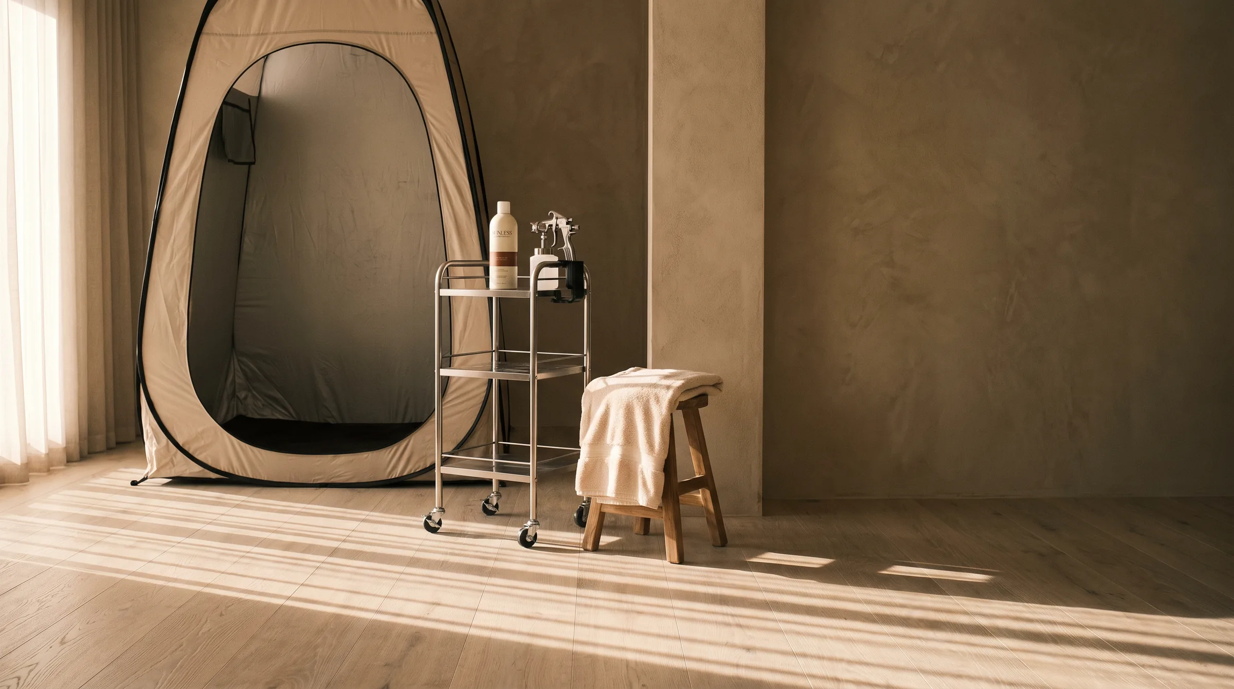 An empty salon spray tanning room between clients, late afternoon light across the floor, the tent open and unoccupied.